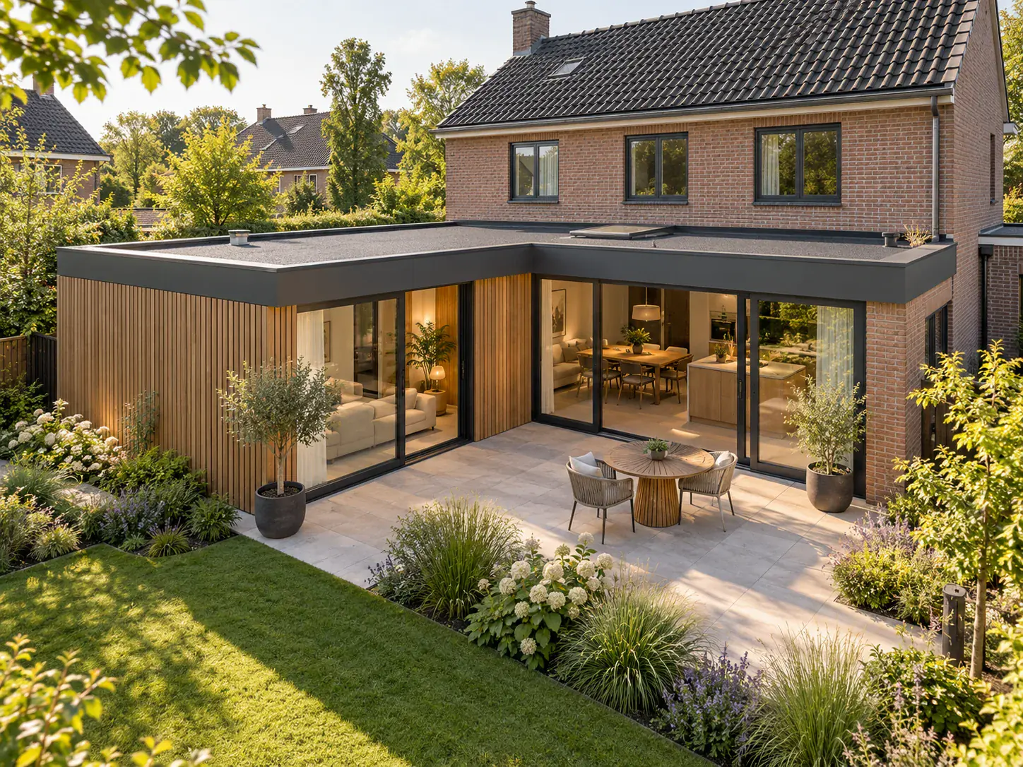 Impressie van een ruime aanbouw met grote glazen puien