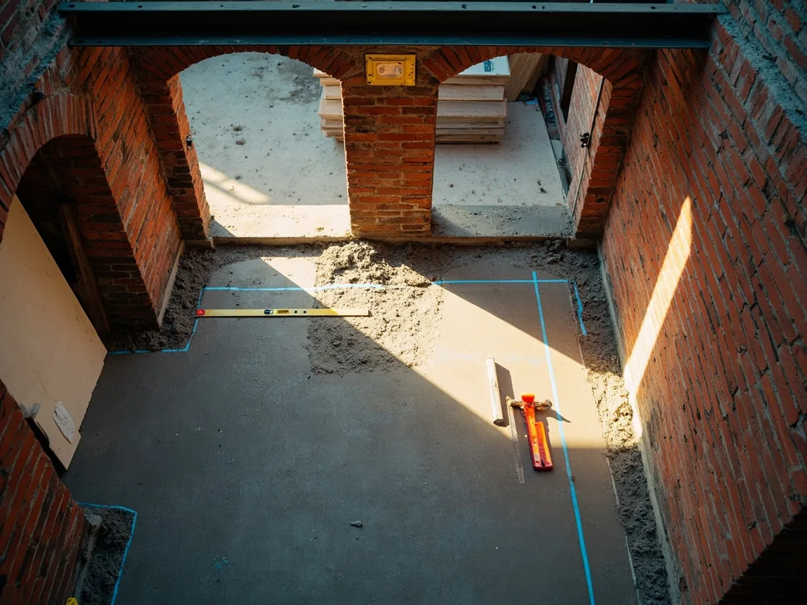Een gestorte betonvloer in een half gebouwde aanbouw, met een stalen ligger op de zijmuren en isolatieplaten tegen de wand.